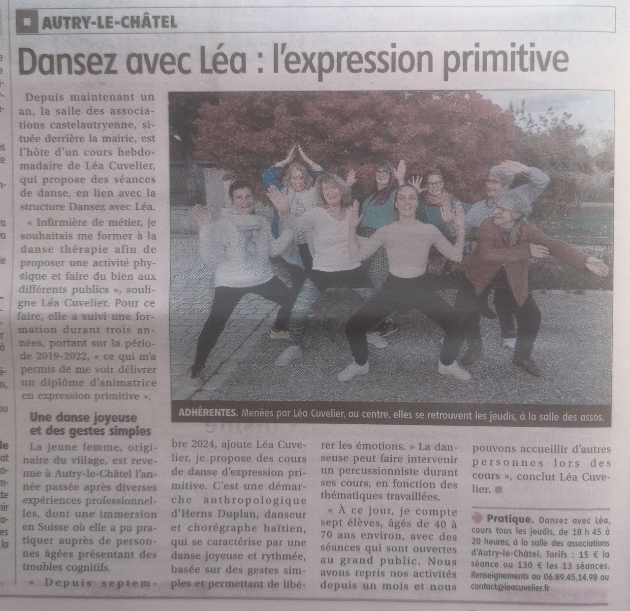 Article sur Léa, prof de danse et l'expression primitive qui fera partie du stage bien-être du premier novembre 2025